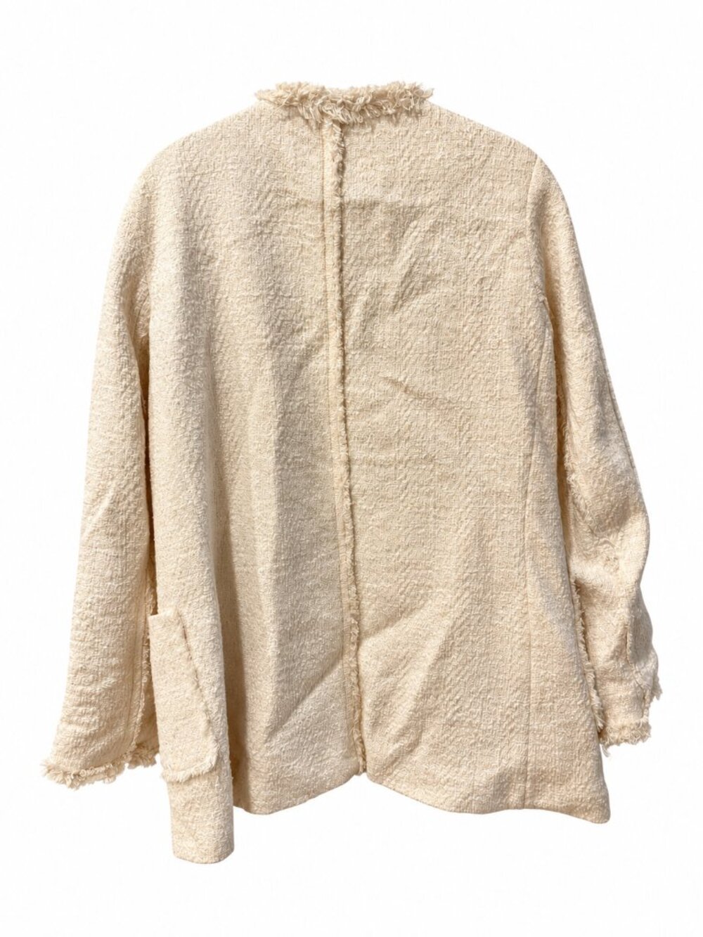 Zara Womens Ivory Cream Tweed Blazer Large Frayed Fringe Trim Lined Jacket - Picture 3 of 4